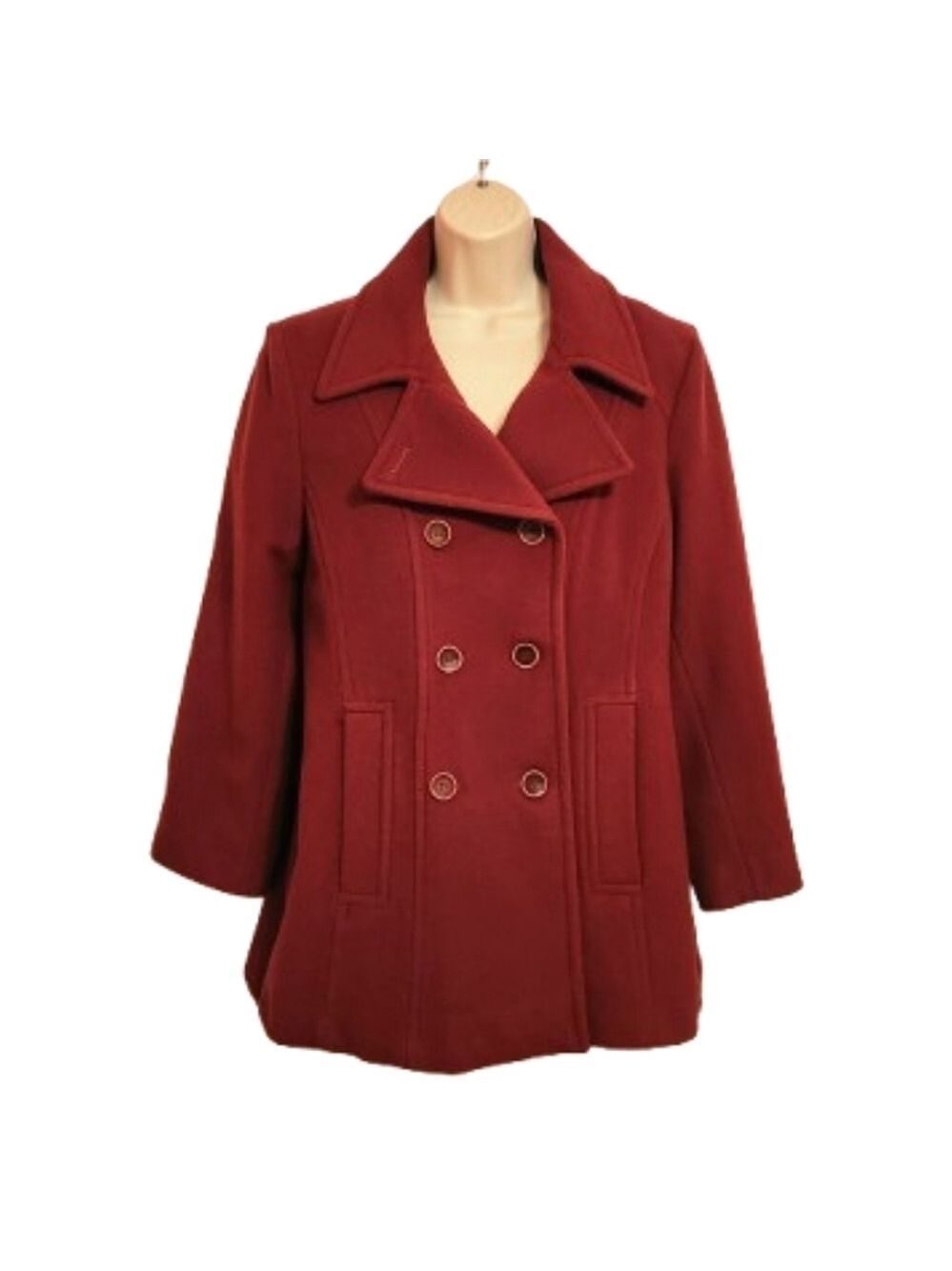 Jason Kole Red Wool Blend Double Breasted Peacoat Large